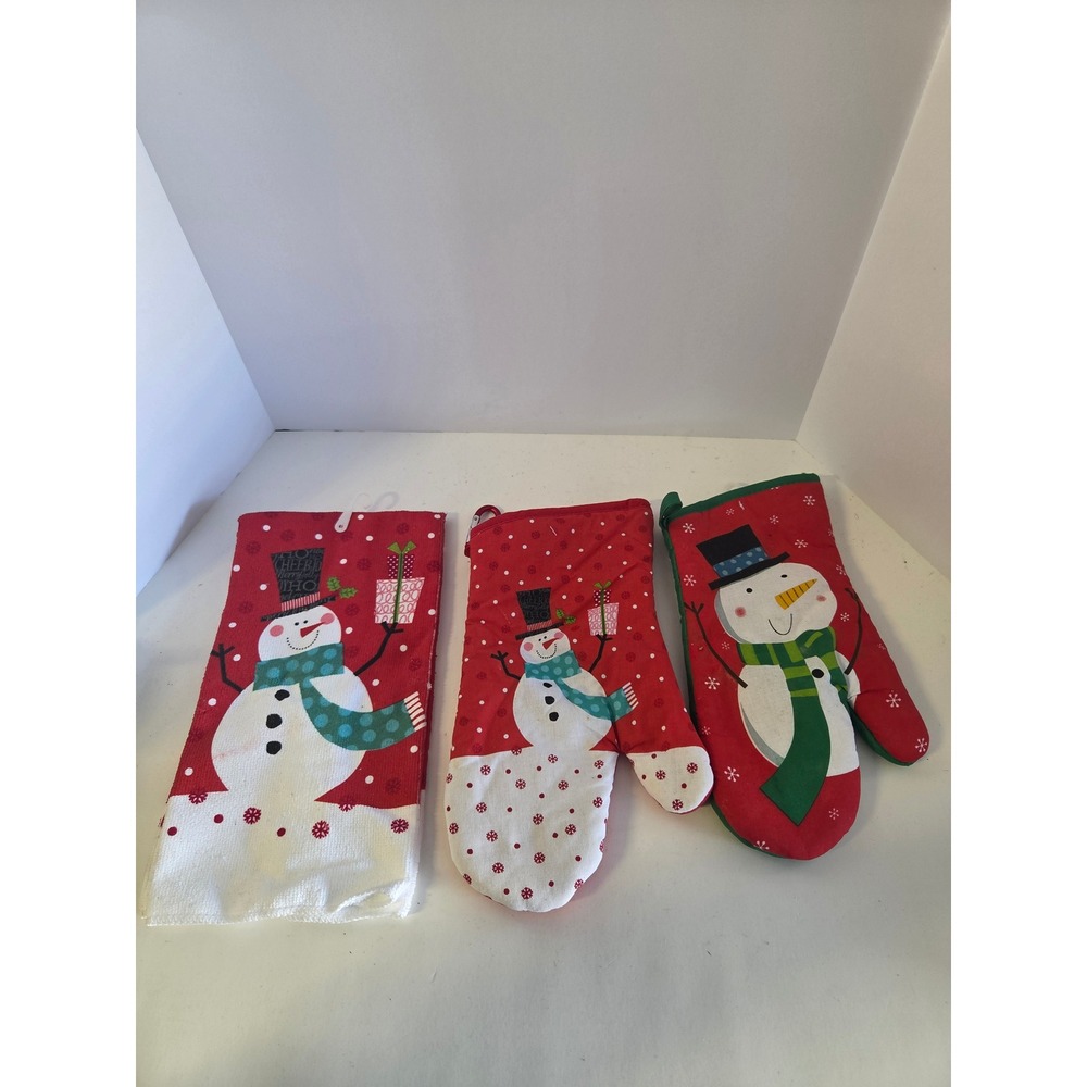 Christmas Snowman Kitchen Set 2 Oven Mitts 1 Tea Towel Red Green Holiday Decor